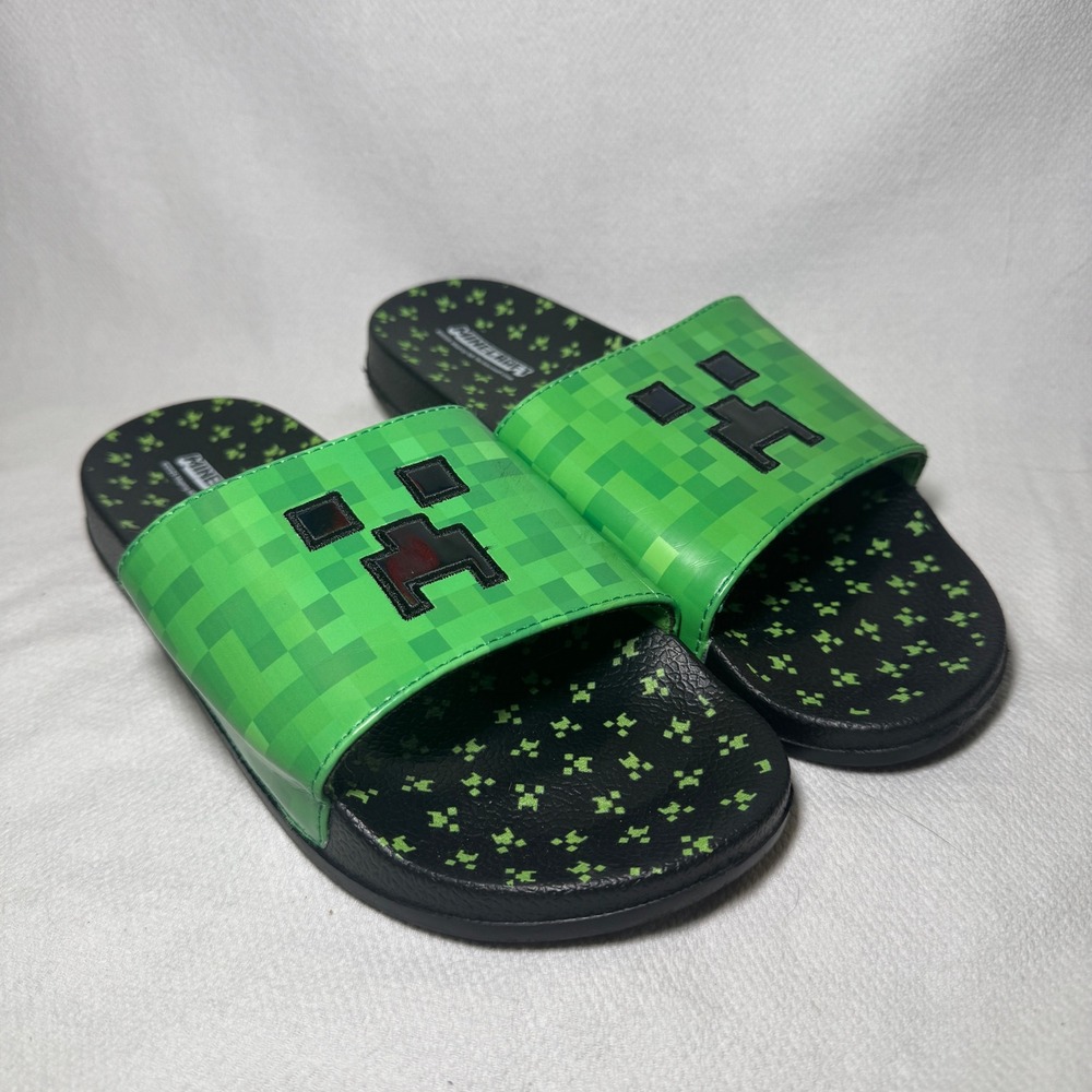Minecraft Creeper Kids Slide Sandals Green Black Pixelated Gaming Shoes Size 6
